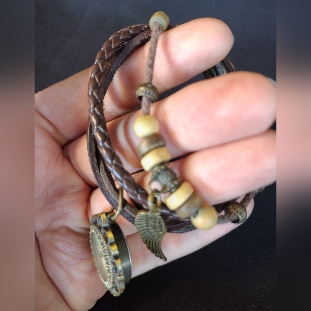 Vintage Boho Beaded Brown Leather Wrap Watch - Picture 9 of 9